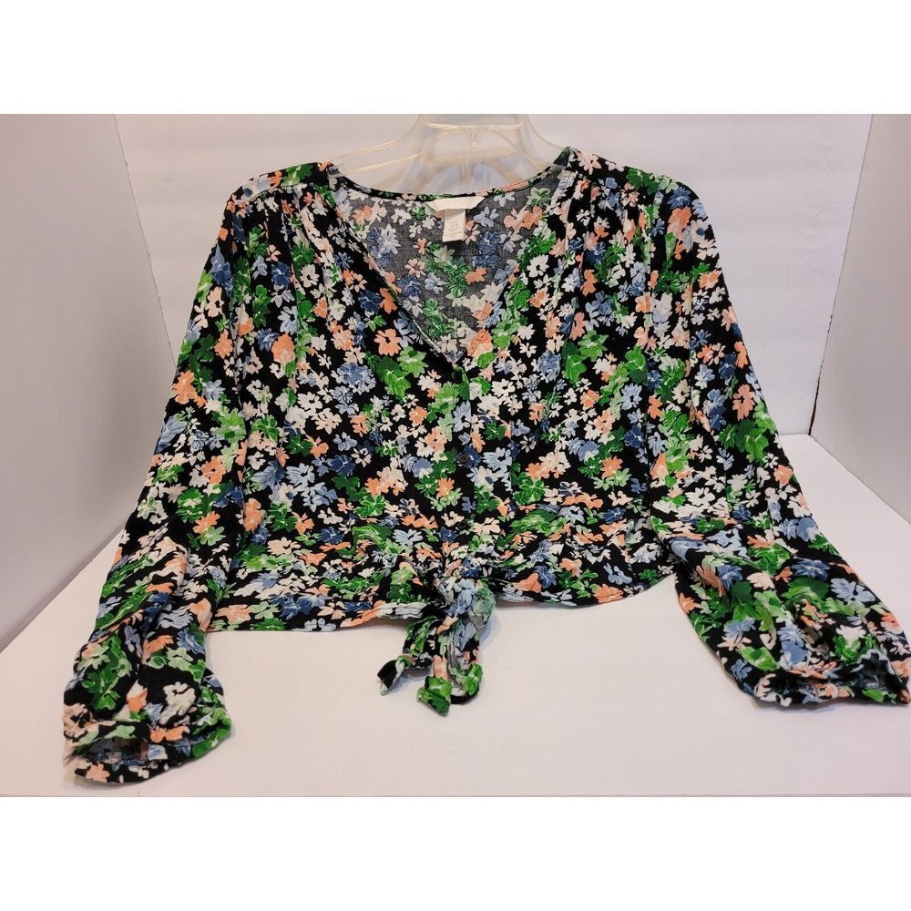 H&M Floral Tie Front Blouse Womens XL Black Green Excellent Long Sleeve Cropped